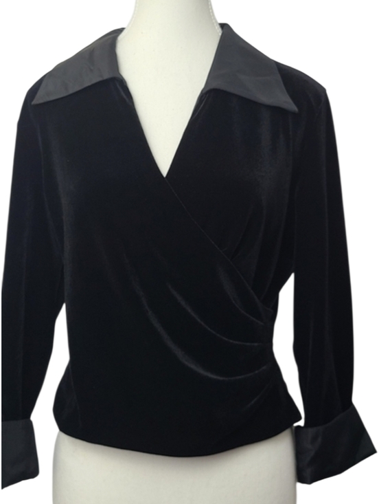 Talbots Tops - Talbots Petites Black Faux Wrap Velour Blouse Women’s Size 10P 3/4 Sleeve